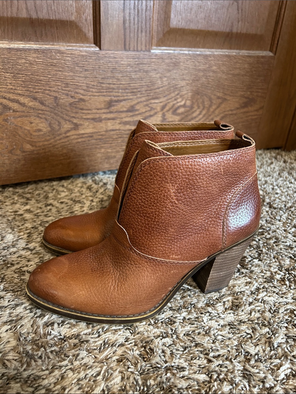 Lucky Brand Women’s Leather Ankle Boots 8.5 Brown Block Heel Western Boho